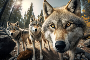 Naklejka na ściany i meble Photorealistic ai artwork of three wolves in the wild forest. Wide close up. Generative ai.