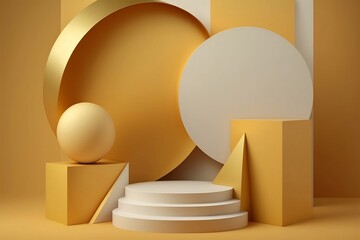 Beautiful golden display abstract minimal geometric podium product package mock up presentation show cosmetic stage pedestal platform. Generative AI