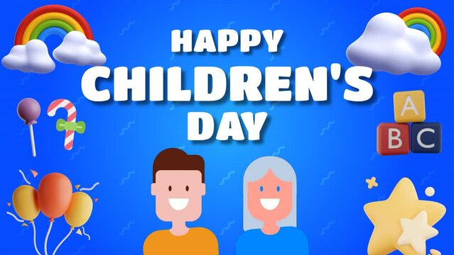 Happy Childrens Day Video Animation on blue background. Great for national or international childrens day celebration around the world.