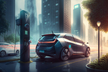 Eco friendly car charge on charging station.  Electric green energy transportation. City of the future, Eco buildings a lot of tree, greens, Clear energy. Generative ai.