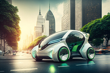 Eco friendly futuristic electric car .  Electric green energy transportation. City of the future, Eco buildings a lot of tree, greens, Clear energy. Generative ai.