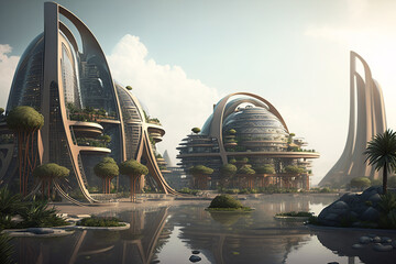 City of the future, Eco buildings a lot of tree, greens, Clear energy, wind and solar energy. Generative ai.