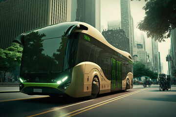 Eco friendly bus.  Electric green energy transportation. City of the future, Eco buildings a lot of tree, greens, Clear energy. Generative ai.