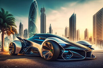 Eco friendly super car.  Electric green energy transportation. City of the future, Eco buildings a lot of tree, greens, Clear energy. Generative ai.