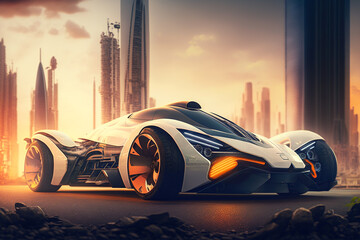 Eco friendly super car.  Electric green energy transportation. City of the future, Eco buildings a lot of tree, greens, Clear energy. Generative ai.