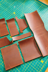 Pieces of natural leather, handmade leather products.