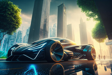 Eco friendly super car.  Electric green energy transportation. City of the future, Eco buildings a lot of tree, greens, Clear energy. Generative ai.