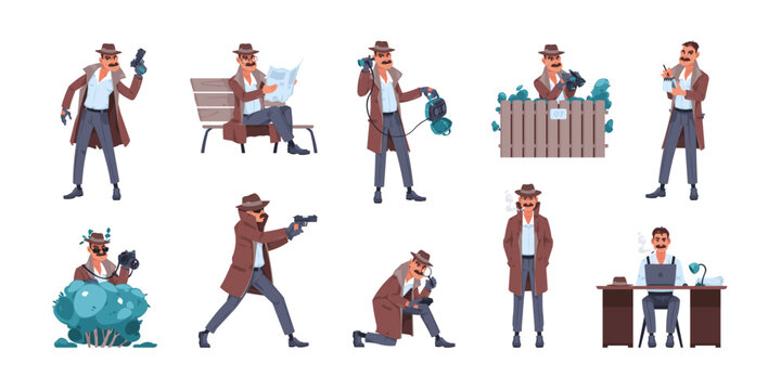Cartoon detective character. Flat investigator looking for evidence, secret agent spying and sneaking, police inspector at crime scene. Vector isolated set