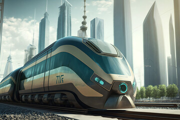 Eco friendly future train.  Electric green energy transportation. City of the future, Eco buildings a lot of tree, greens, Clear energy. Generative ai.