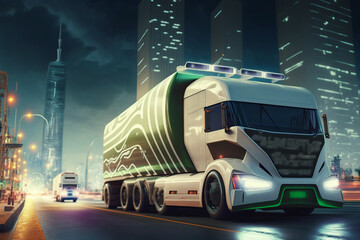 Eco friendly truck.  Electric green energy transportation. City of the future, Eco buildings, greens, Clear energy. Generative ai.