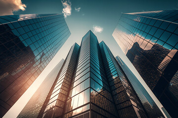 Tall glass buildings, modern office, low angle, golden hour. Generative ai.