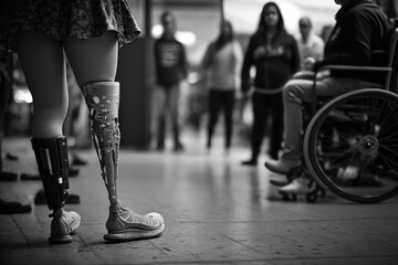Close up view of woman with leg prosthesis. AI Generation