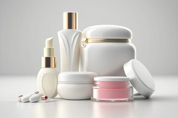 Cosmetics products on white fabric background. Beauty concept. AI generation