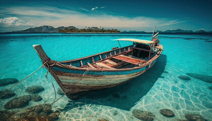 Wooden fishing boat in paradise turquoise waters. Tropical sea landscape with boat. Generative AI