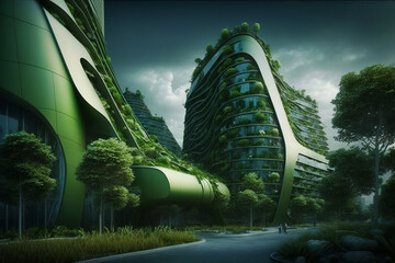 City of the future, Eco buildings a lot of tree, greens, Clear energy, wind and solar energy. Generative ai.