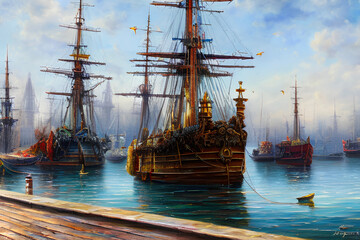 Old Wooden Sail Ships in the Harbor Generative AI Art