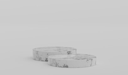 White Marble Geometric Round Podium Platform Studio Scene Stand Grey Background Show Cosmetic Bottle Beauty Products Two Stage Showcase On Pedestal Display Workshop Mockup Realistic 3D Illustration
