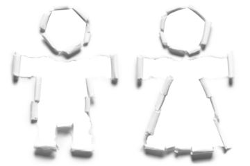 Man and female signs, holes torn through paper, cut out