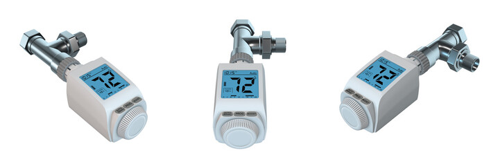 digital thermostatic radiator valve on transparent background, left, front and right view (3d render)