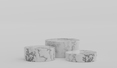 White Marble Geometric Round Podium Platform Studio Scene Stand Grey Background Show Cosmetic Bottle Beauty Products Three Stage Showcase On Pedestal Display Workshop Mockup Realistic 3D Illustration
