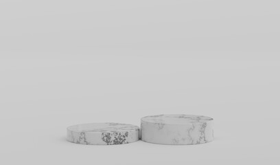 White Marble Geometric Round Podium Platform Studio Scene Stand Grey Background Show Cosmetic Bottle Beauty Products Two Stage Showcase On Pedestal Display Workshop Mockup Realistic 3D Illustration