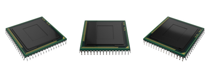computer cpu on transparent background, left, front and right view (3d render)