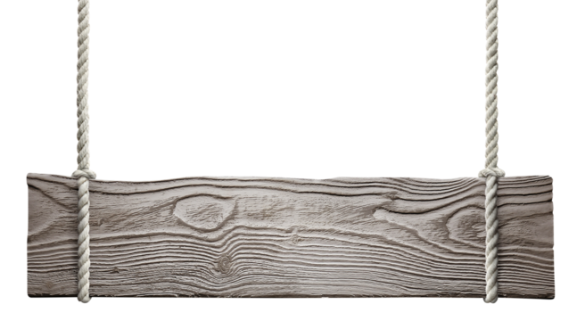 Wooden sign hanging on a rope, cut out