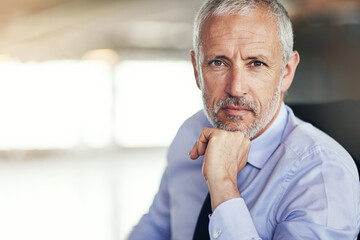 Hes focussed and determined. Cropped portrait of a mature businessman sitting in his office.