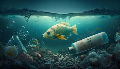 Discarded bottles and plastic garbage litter the seabed where fish and other marine life struggle to survive amidst the pollution. Generative AI