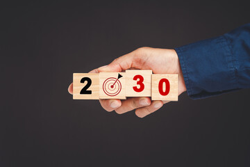 Hand businesspeople holding wooden cubes with the letters 2030 and dartboard against a black background - obrazy, fototapety, plakaty