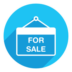 For sale, hangin tag with rope. flat icon. long shadow design. blue background.