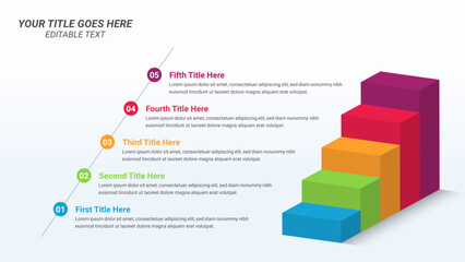 3D Isometric Stairs Timeline Infographic Presentation Template on 16:9 Ratio with Five Options or Steps for Business Presentations, Finance Reports, Business Planning, and Yearly Reports.