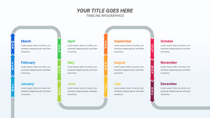 Arrow Timeline Infographic Presentation Template with Twelve Months Options or Steps for One Year Forecast, Business Presentations, Finance Reports, Business Planning, and Yearly Reports.