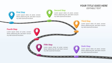 Road Timeline Infographic Presentation Template on 16:9 Ratio with 3D Location Pin and Six Options or Steps for Business Presentations, Finance Reports, Web Design, and Yearly Reports.