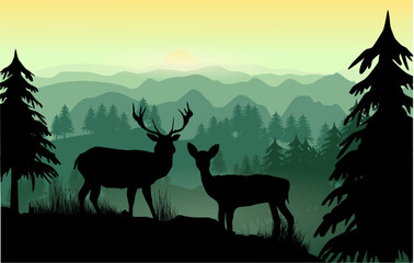 Hirsch und Reh im Wald mit wunderschöner Berglandschaft