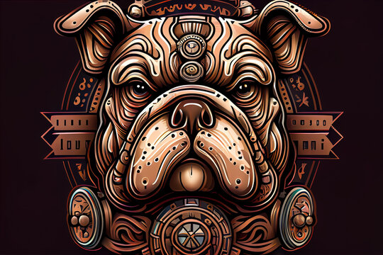 Bulldog head logo, illustration of the bulldog in a fantasy aztec steampunk style. Generative AI.