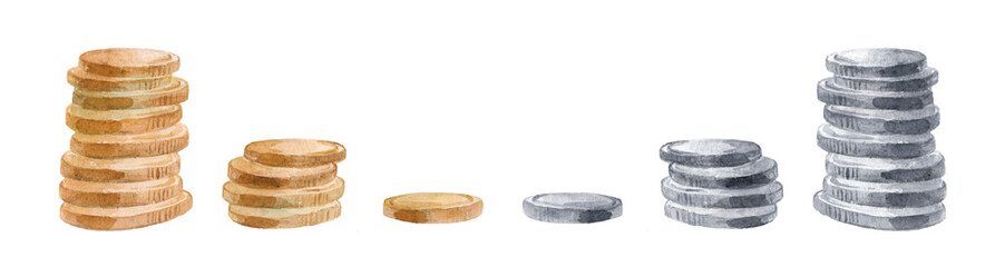 Many watercolor coins in column isolated on white