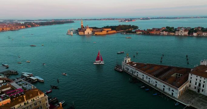 Aerial View Of Punta della Dogana Art Museum And Trabaccolo In Venezia VE, Italy.