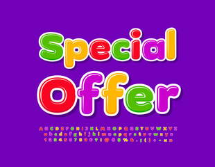 Vector marketing promo Special Offer. Colorful modern Font. Set of bright Alphabet Letters, Numbers and Symbols