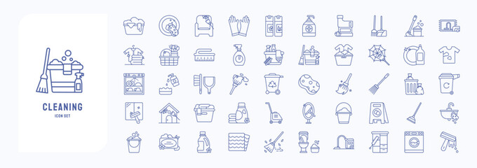 A collection sheet of outline icons for Cleaning and hygiene including icons like washing, house cleaning, vacuum cleaner, wiper - obrazy, fototapety, plakaty
