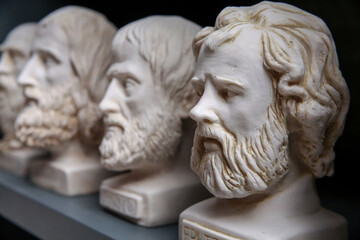 Plaster busts of classical greek writers and philosophers. Portraits of ancient historical persons....
