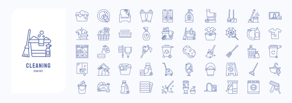 A collection sheet of outline icons for Cleaning and hygiene including icons like washing, house cleaning, vacuum cleaner, wiper