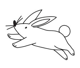 Hand drawn jumping contour line cute rabbit, childish design vector illustration