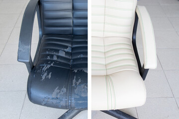 Office chair renovation before-and-after collage showcasing the difference in foam repair and upholstery change.
