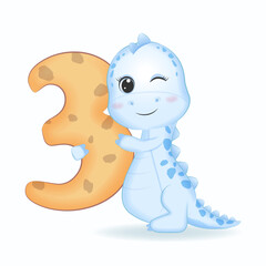 Cute Blue Dinosaur with number 3, cartoon illustration
