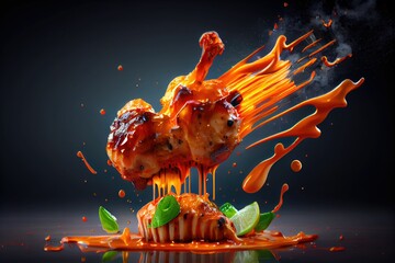 Spicy chicken leg piece flying in the air with a piece of lemon. Generative AI.
