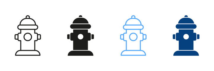 Fire Hydrant Silhouette and Line Icon Set. Fire Extinguishing Hydrant Black and Color Sign Collection. Isolated Vector Illustration