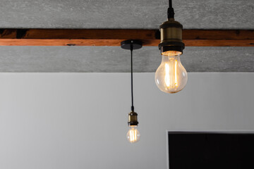 Loft style elements in the interior. Vintage incandescent light bulbs are spotted on wooden beams...