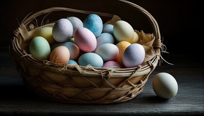 A still life of a basket filled with colorful Easter eggs