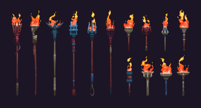 Cartoon burning torch. Sprite animation frame collection of medieval burning fire fire blaze sequence, flame on metal wood sticks for game asset. Vector set